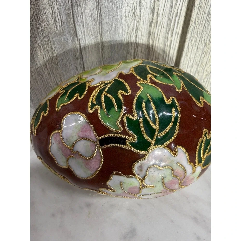 Vintage Cloisonne Enamel Floral Egg Burgundy Pink Green Gold Tone 3.5 Inch